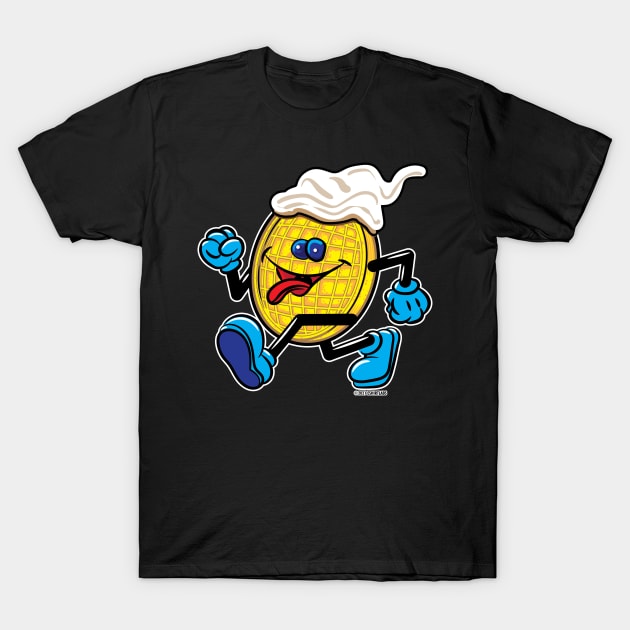 Happy Smiling Waffle Mascot strutting with Blueberries and whipped cream T-Shirt by eShirtLabs